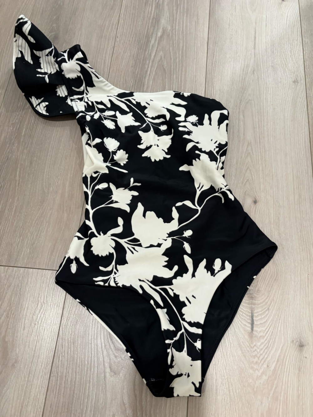 Johanna Ortiz Black and White One-Shoulder Floral One-Piece Swimsuit